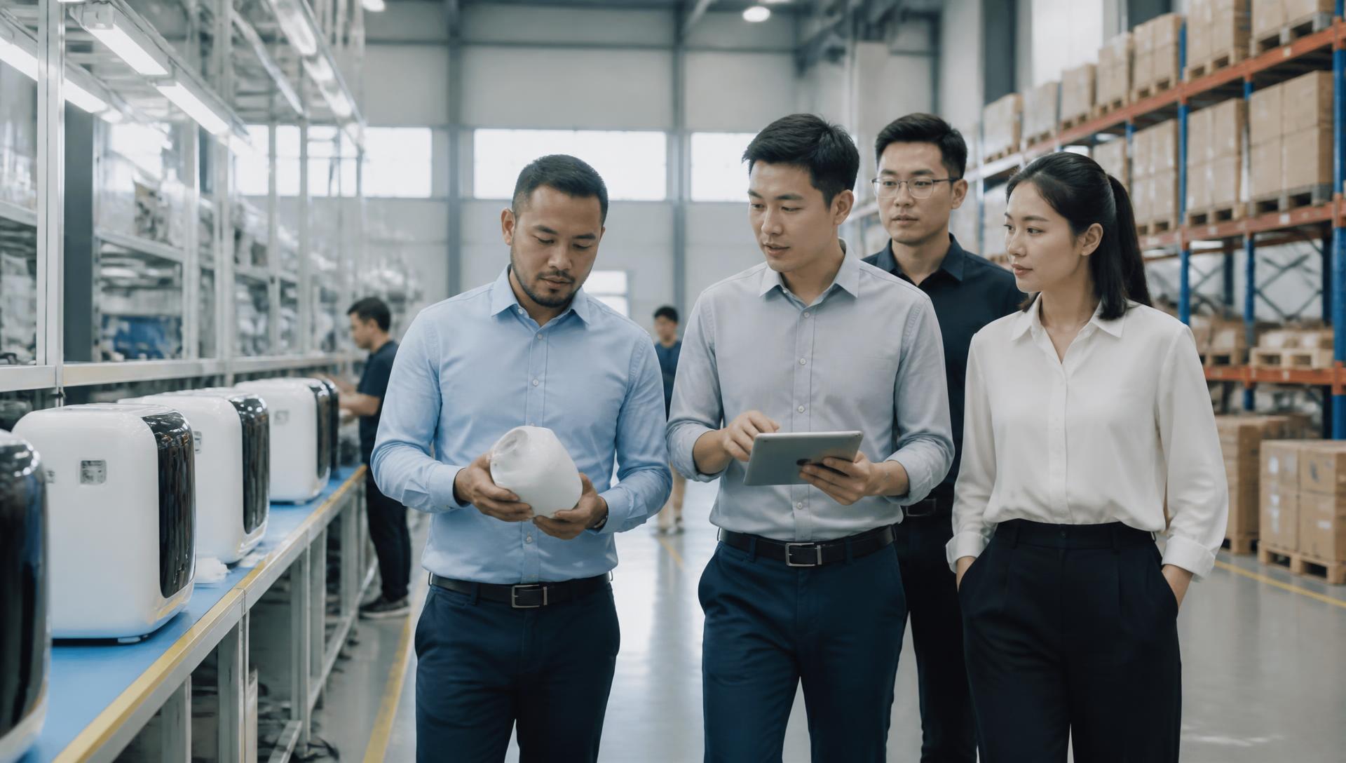 Buyers and suppliers reviewing products inside a Chinese manufacturing facility